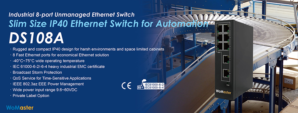 WoMaster DS108A New 8-port IP40 Industrial Ethernet Switch for Automation